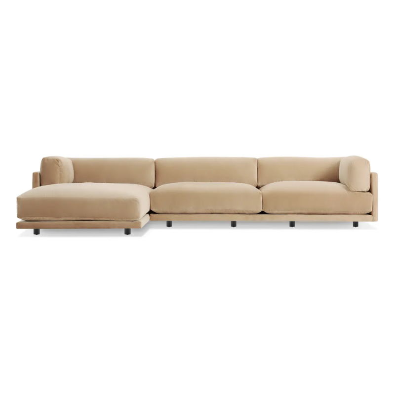 The Sunday Sofa with Chaise by Blu Dot in camel velvet with left chaise.