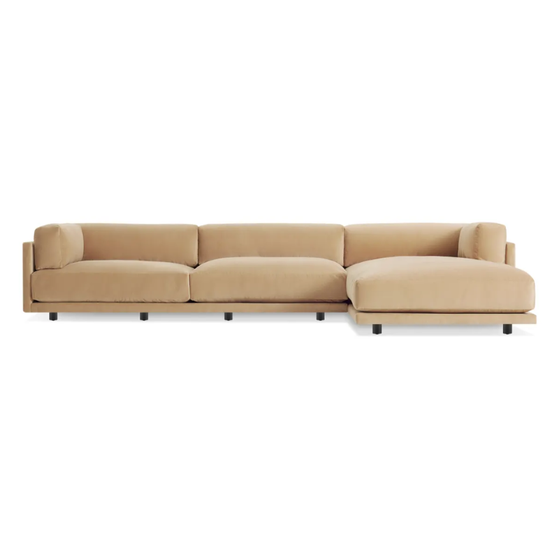 The Sunday Sofa with Chaise by Blu Dot in camel velvet with right chaise.