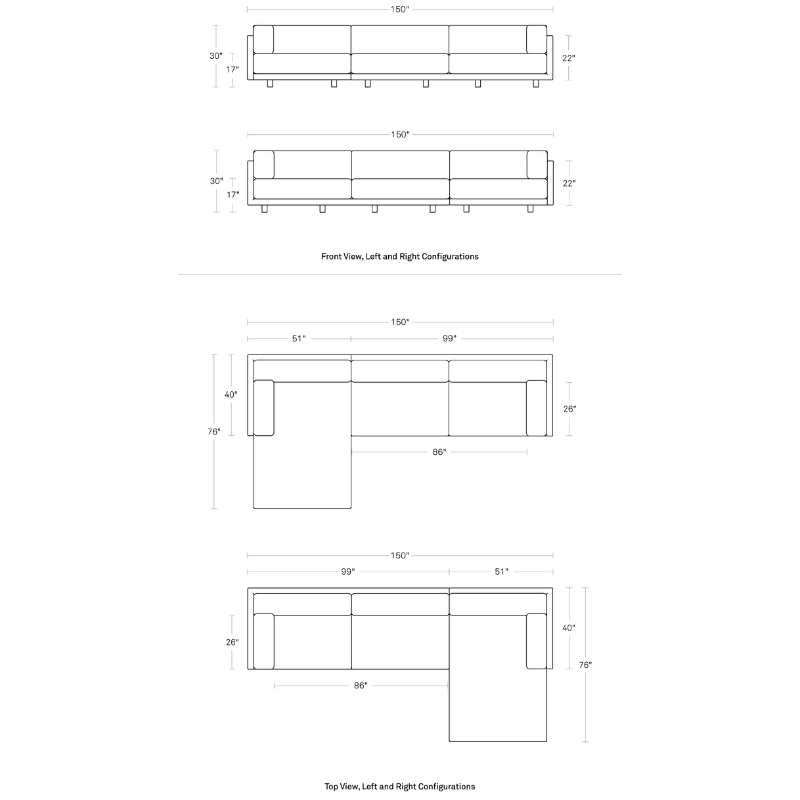 The Sunday Sofa with Chaise by Blu Dot dimensions.
