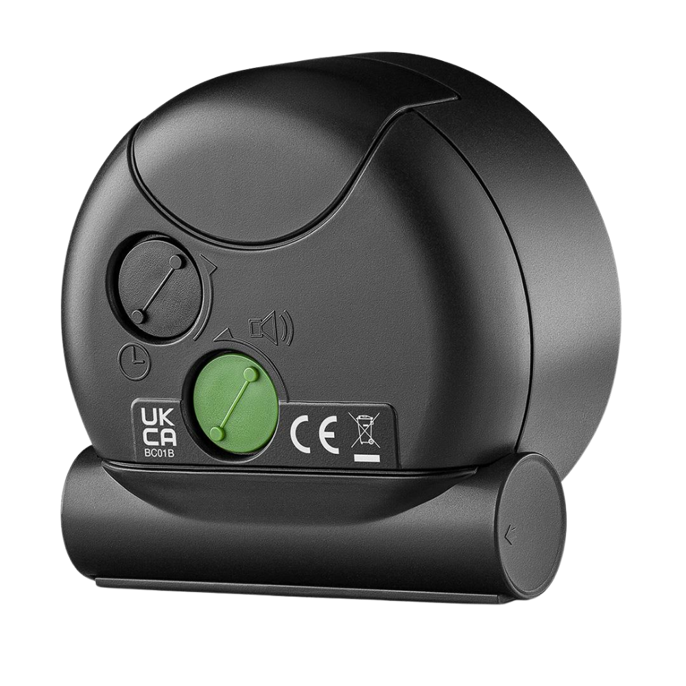 The black Round Alarm Clock BC01 by Braun from the backside.