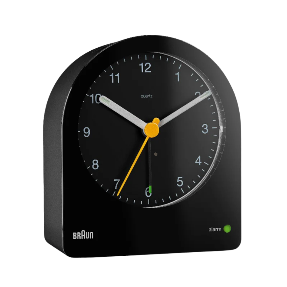 The black BC22 Alarm Clock from Braun.