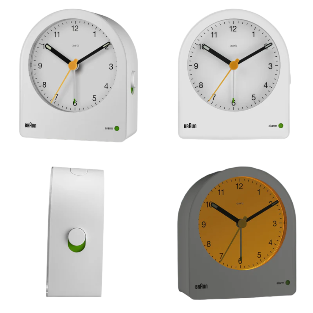 The white BC22 Alarm Clock from Braun with multiple views in a lifestyle image.