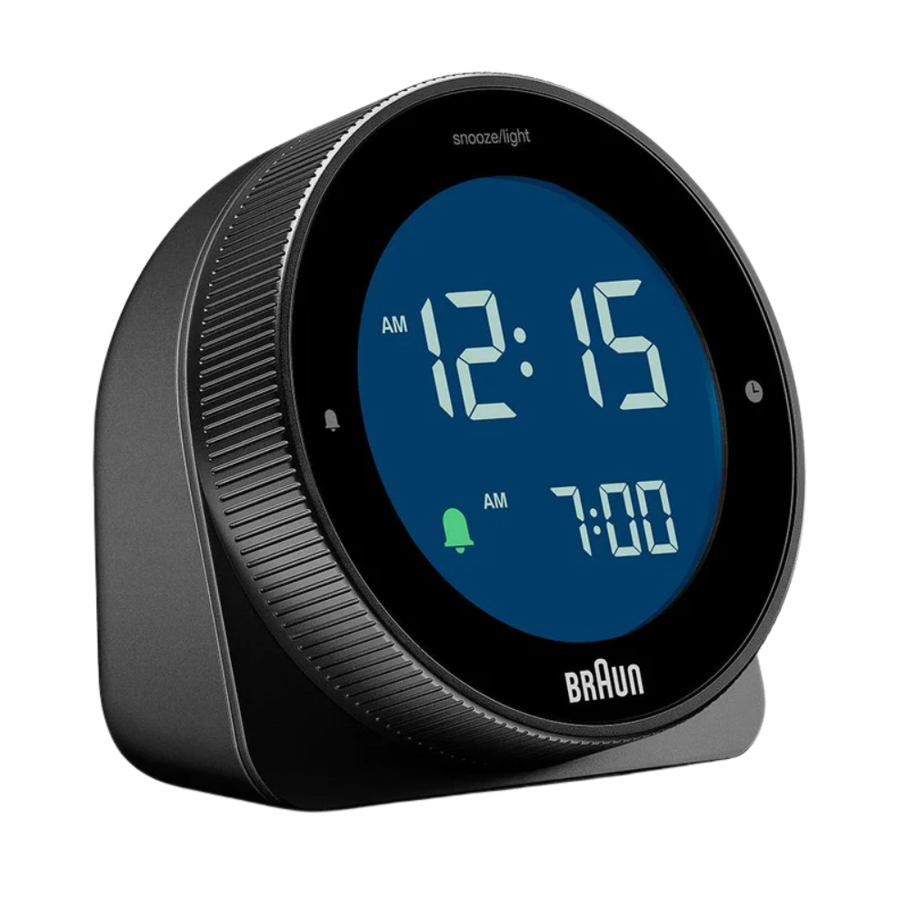 The black BC24 Alarm Clock from Braun with a blue display.