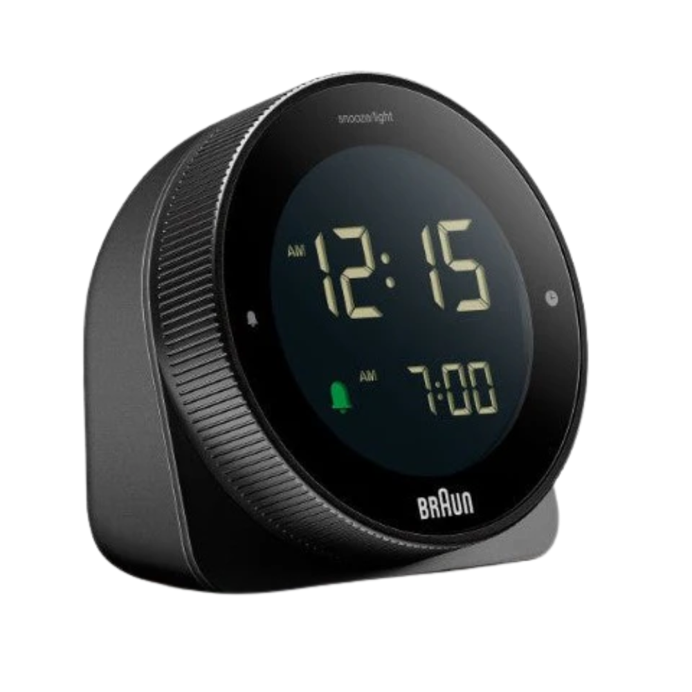 The black BC24 Alarm Clock by Braun from a side angle.