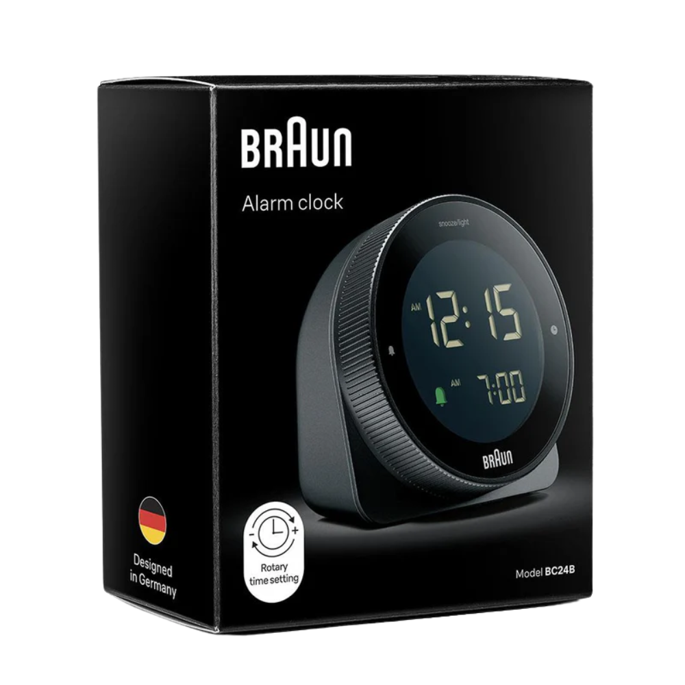 The black BC24 Alarm Clock from Braun with a box.