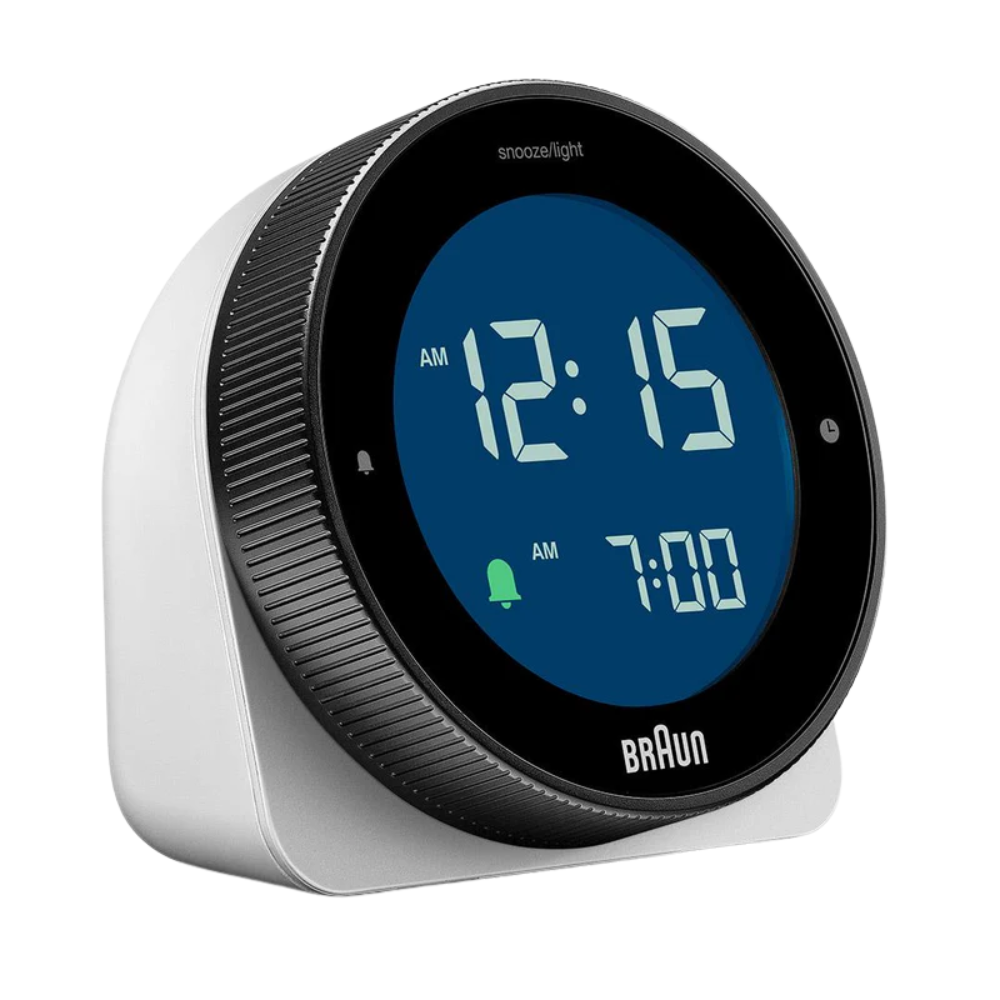 The white BC24 Alarm Clock from Braun with blue display.