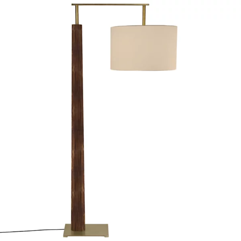 The Altus Floor Lamp from Cerno in dark stained walnut with brushed brass metal and burlap shade.