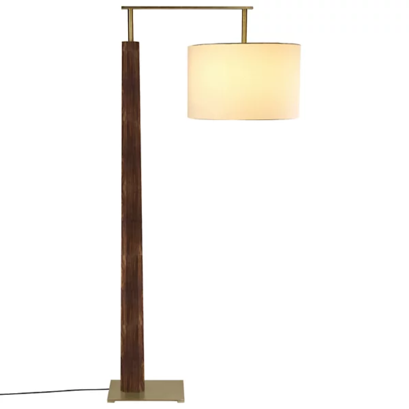 The Altus Floor Lamp from Cerno in dark stained walnut with brushed brass metal and white linen shade.