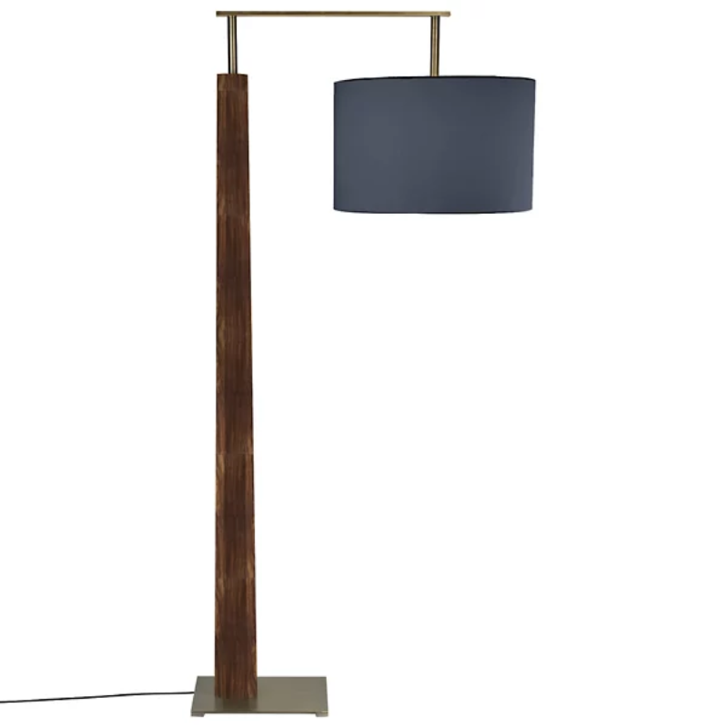 The Altus Floor Lamp from Cerno in dark stained walnut with distressed brass metal and black amaretto shade.