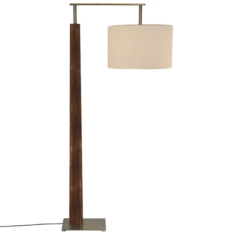 The Altus Floor Lamp from Cerno in dark stained walnut with distressed brass metal and burlap shade.