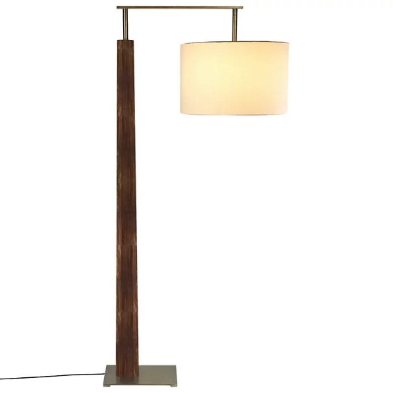 The Altus Floor Lamp from Cerno in dark stained walnut with distressed brass metal and white linen shade.