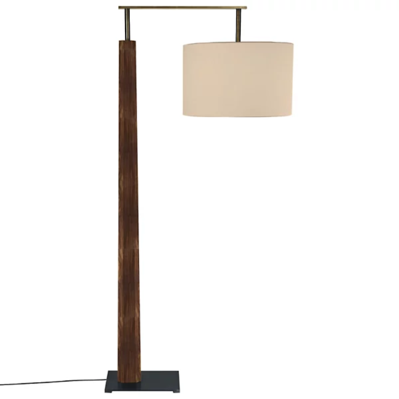 The Altus Floor Lamp from Cerno in dark stained walnut with oiled bronze metal and burlap shade.
