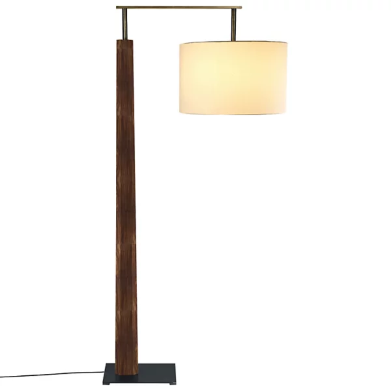 The Altus Floor Lamp from Cerno in dark stained walnut with oiled bronze metal and white linen shade.