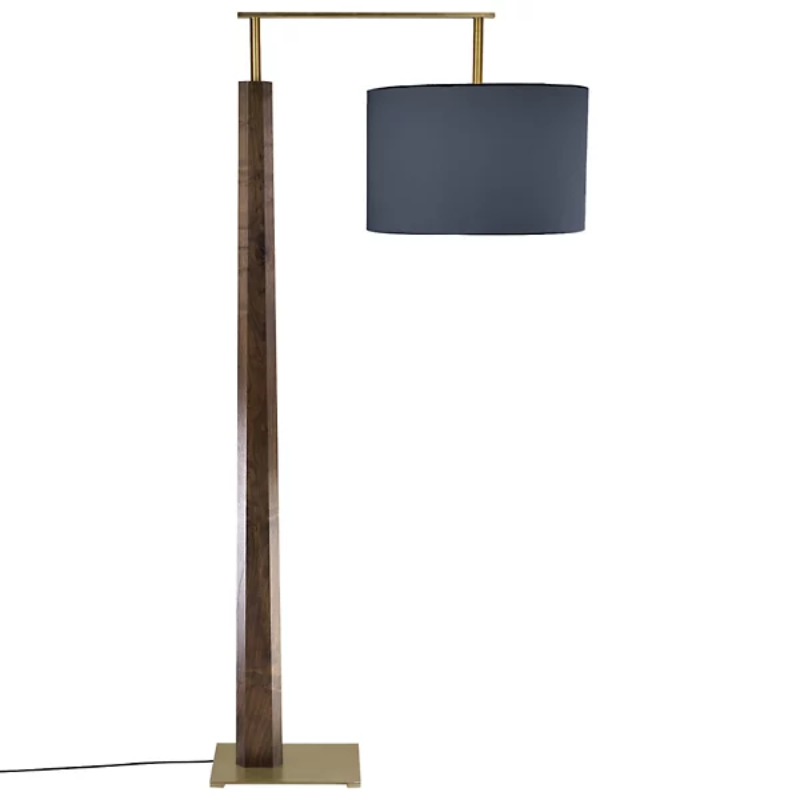 The Altus Floor Lamp from Cerno in walnut with brushed brass metal and black amaretto shade.