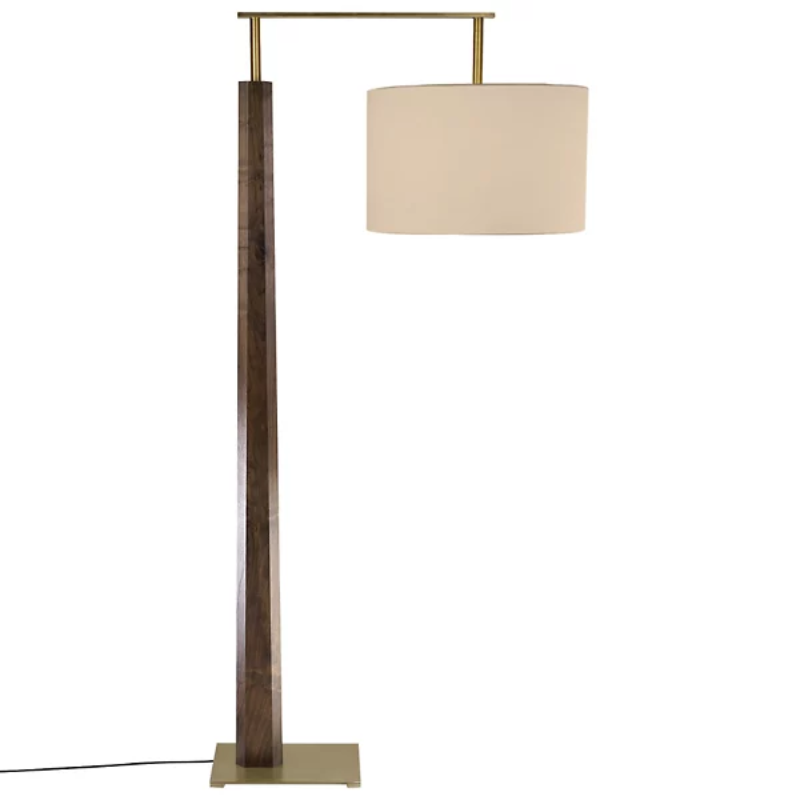 The Altus Floor Lamp from Cerno in walnut with brushed brass metal and burlap shade.