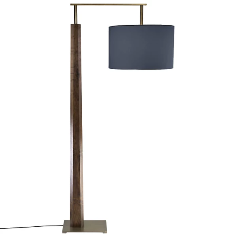 The Altus Floor Lamp from Cerno in walnut with distressed brass metal and black amaretto shade.