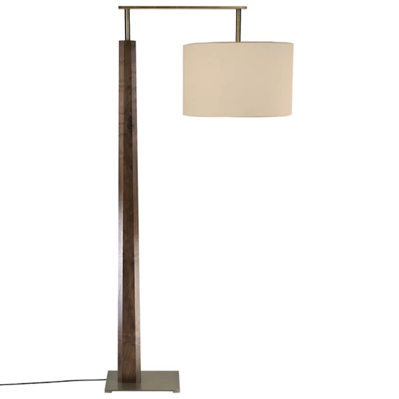 The Altus Floor Lamp from Cerno in walnut with distressed brass metal and burlap shade.
