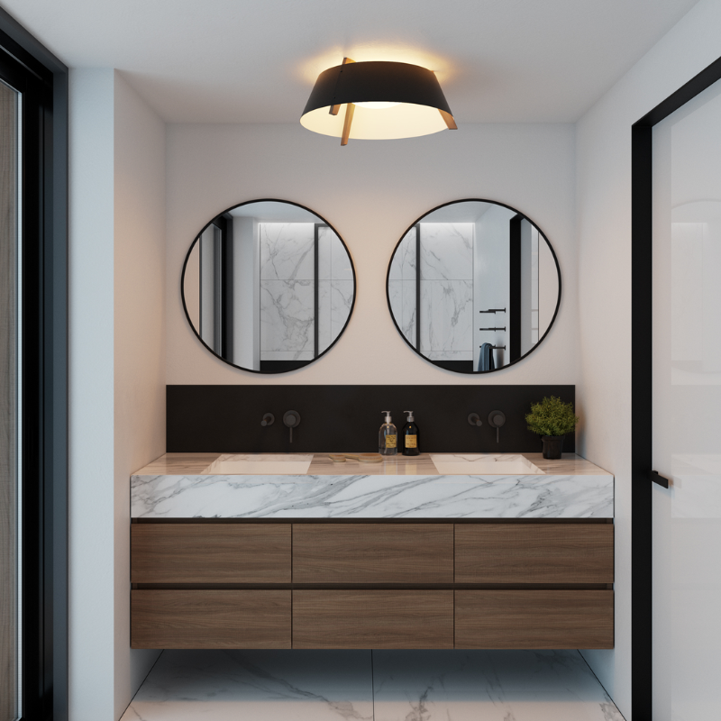 The Casia Flush Mount from Cerno in a jack and jill bathroom within a home.