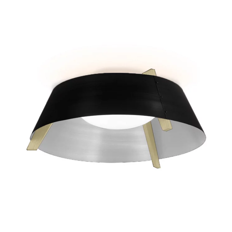 The Casia Flush Mount from Cerno with the matte black and white shade and white washed oak frame.