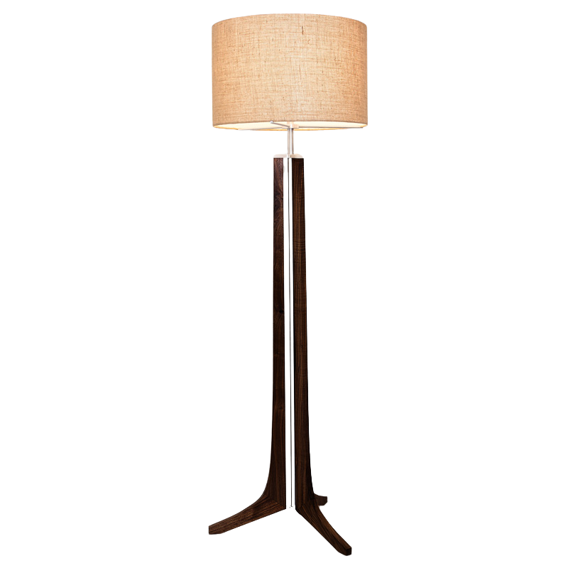 The Forma Floor Lamp from Cerno in dark stained walnut with burlap shade.