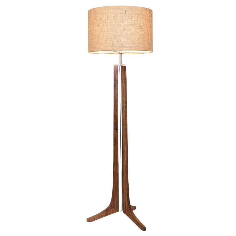 The Forma Floor Lamp from Cerno in walnut with burlap shade.