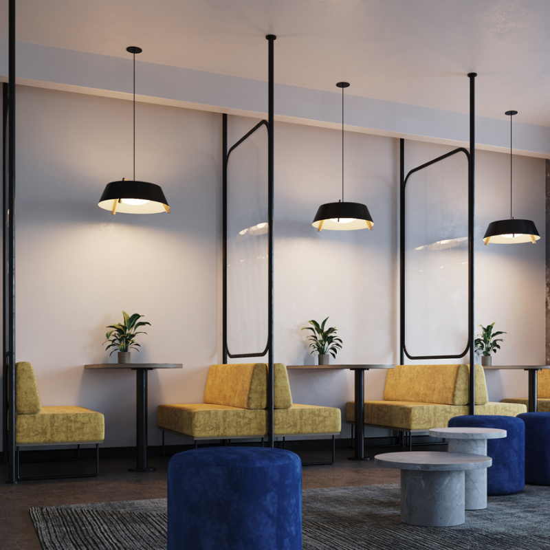 The Large Casia Pendant from Cerno with the dark stained walnut wood body in a commercial setting.