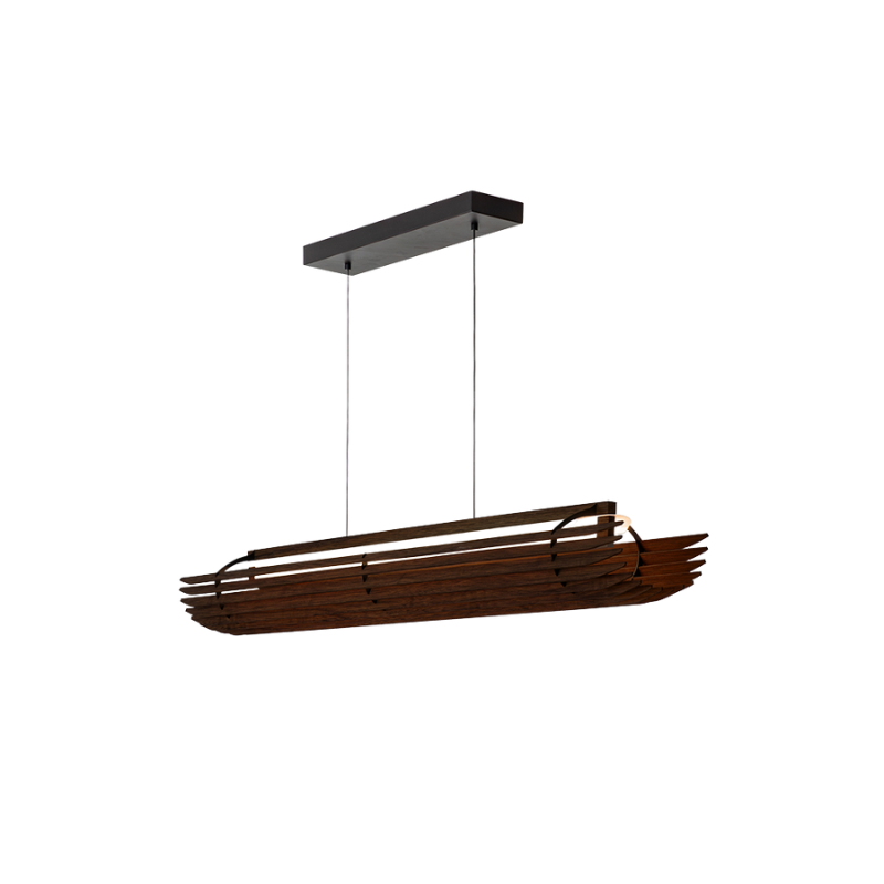 The Lex Linear Pendant from Cerno in dark stained walnut from an angle.