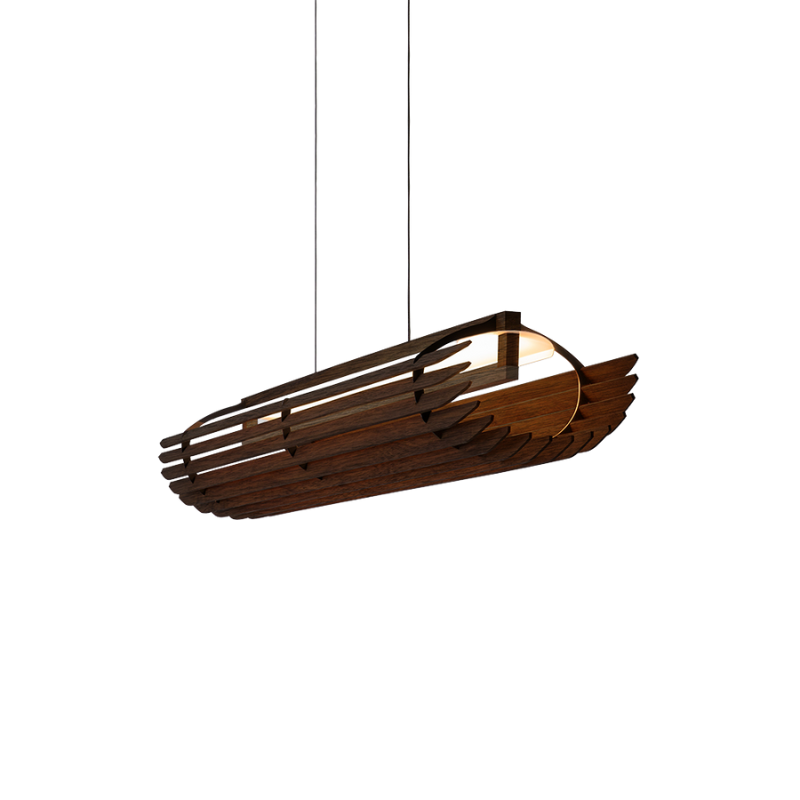 The Lex Linear Pendant from Cerno in dark stained walnut.