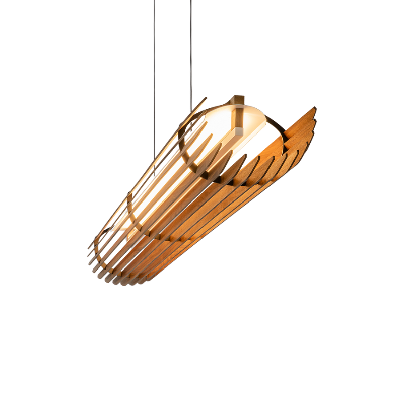 The Lex Linear Pendant from Cerno in walnut from a low angle.