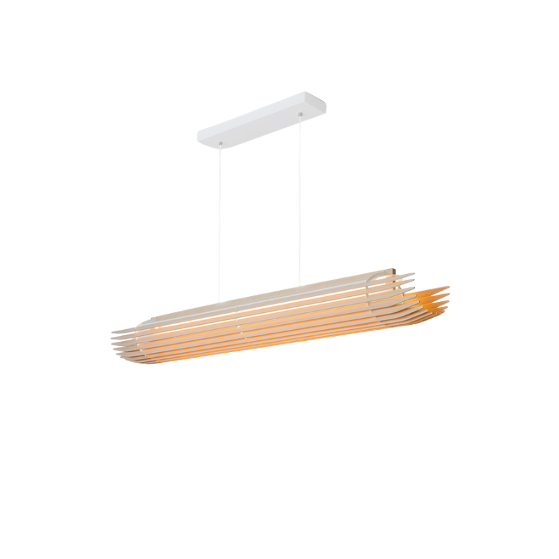 The Lex Linear Pendant from Cerno in white washed oak from an angle.