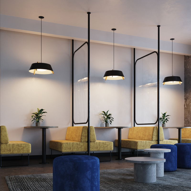 The Medium Casia Pendant from Cerno in dark stained walnut in a business space.