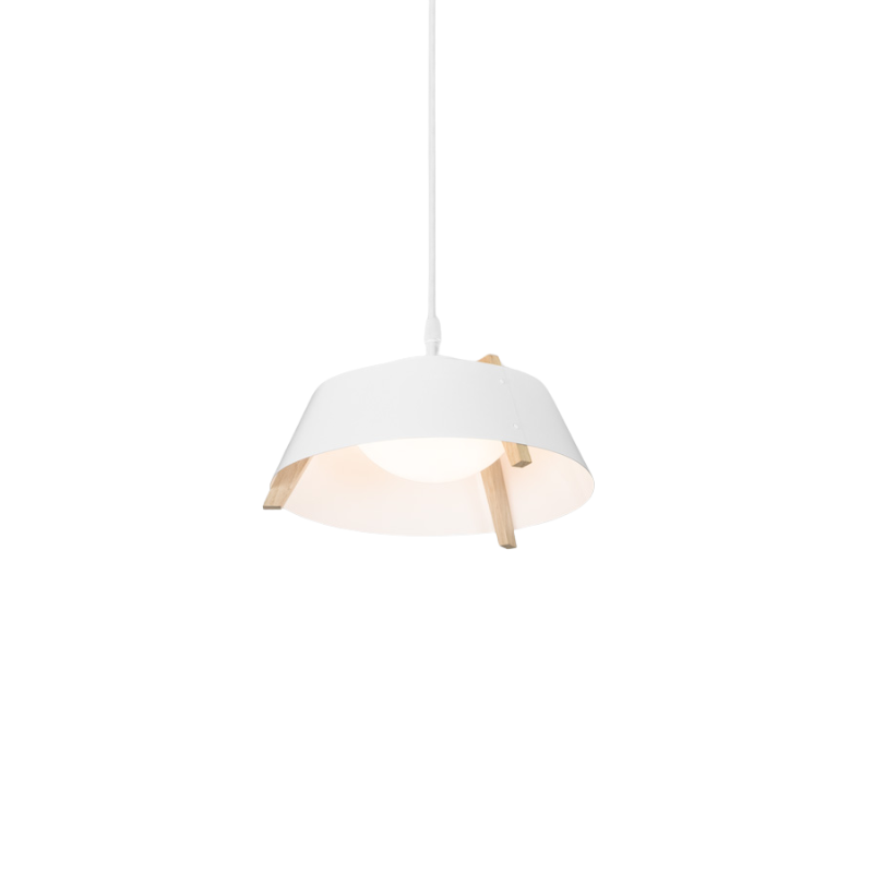 The Medium Casia Pendant from Cerno in white washed oak.