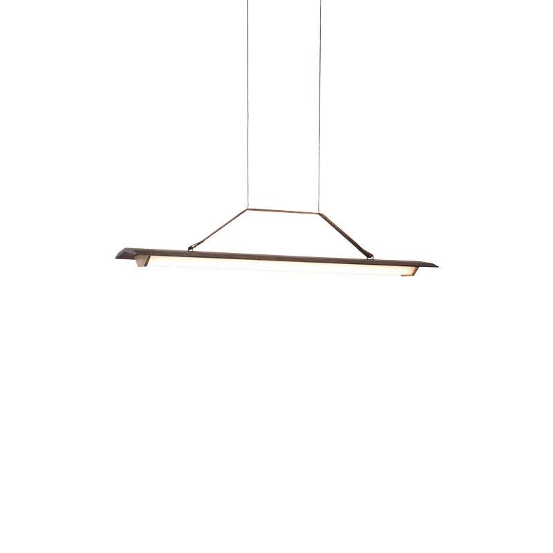 The Penna Linear Pendant from Cerno in dark stained walnut from an angle.