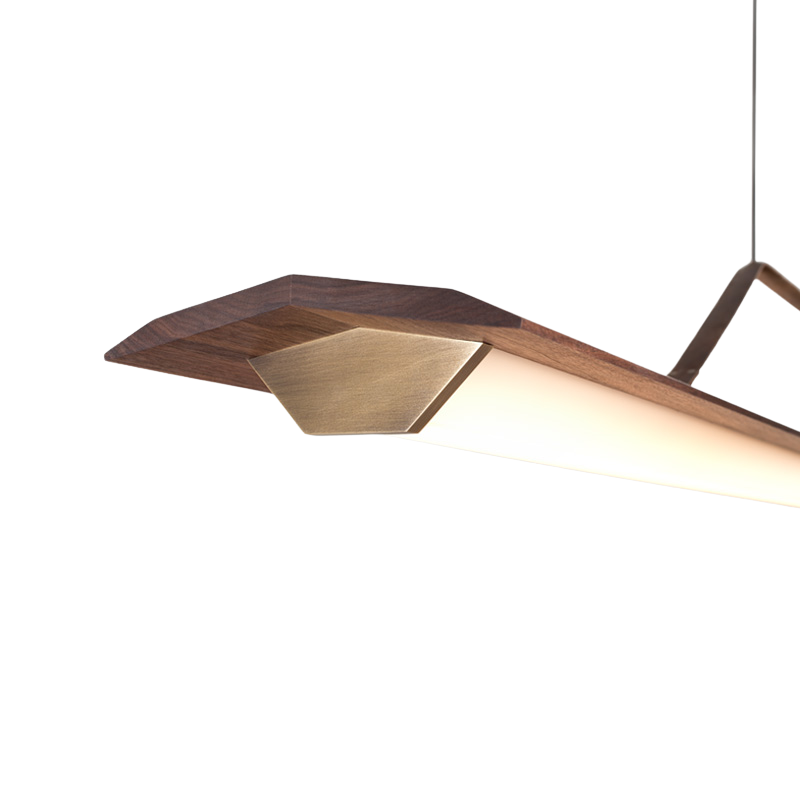 The Penna Linear Pendant from Cerno in dark stained walnut in detail.