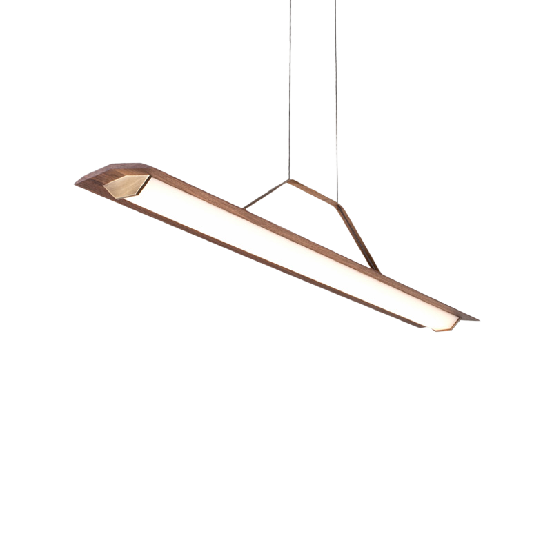 The Penna Linear Pendant from Cerno in walnut with a focus on the light.
