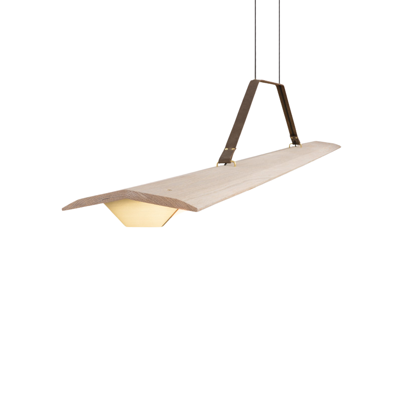 The Penna Linear Pendant from Cerno in white washed oak close up.