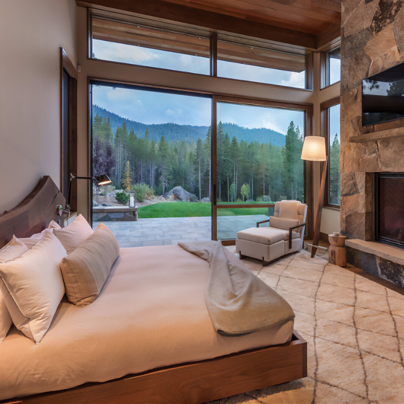 The Silva Giant Floor Lamp from Cerno in dark stained walnut in a bedroom.