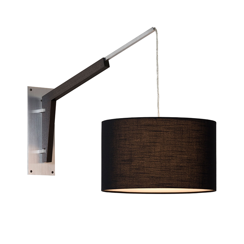 The Talea Wall Sconce Swing Arm from Cerno in Black Amaretto with brushed aluminum and dark stained walnut.