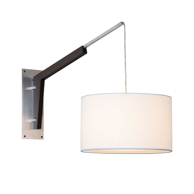 The Talea Wall Sconce Swing Arm from Cerno in White Linen with brushed aluminum and dark stained walnut.