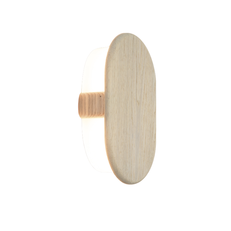 The Tempus Wall Sconce from Cerno in white washed oak from the side.