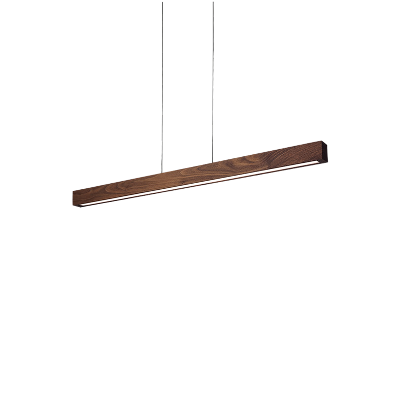 The Una LED Linear Suspension – Uplight and Downlight from Cerno in walnut from an angle.