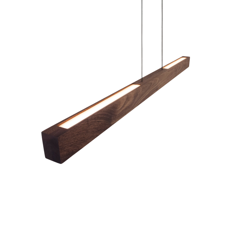 The Una LED Linear Suspension – Uplight and Downlight from Cerno in walnut from the top showing the uplight.