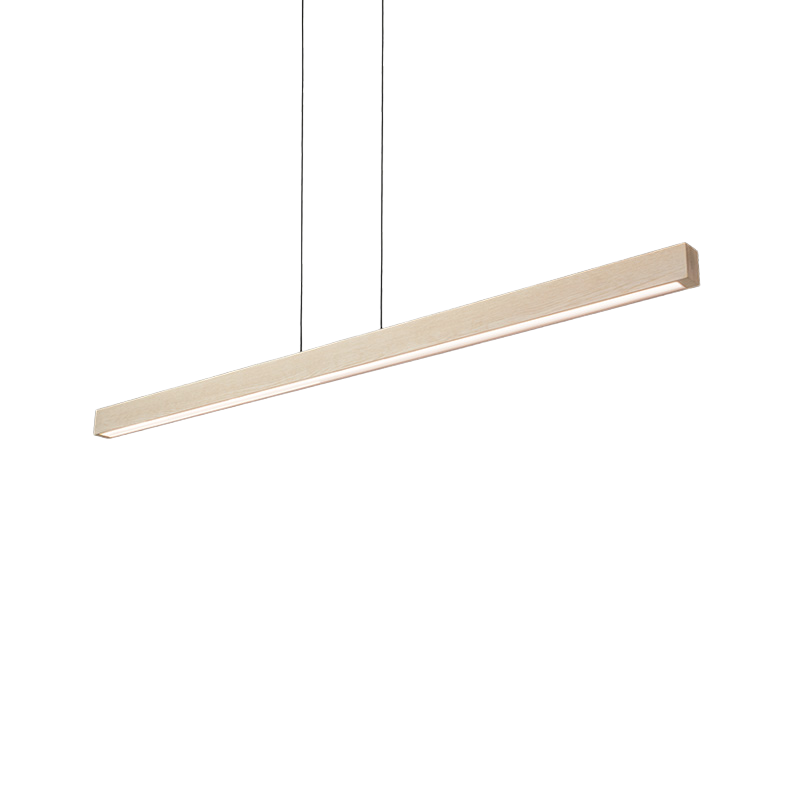 The Una LED Linear Suspension – Uplight and Downlight from Cerno in white washed oak from an angle.