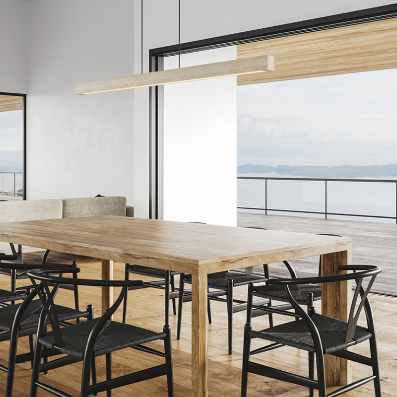 The Una Linear Pendant – Downlight Only from Cerno in white washed oak in a dining room.