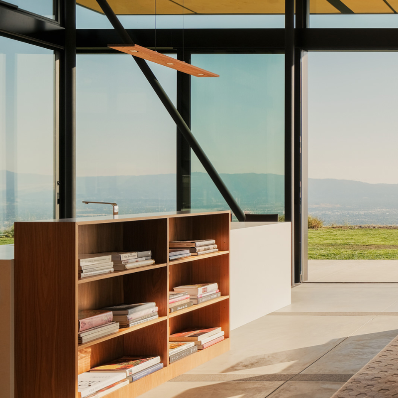 The Vix Linear Pendant from Cerno in walnut in a living room.