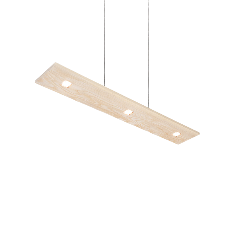 The Vix Linear Pendant from Cerno in white washed oak from a low angle.