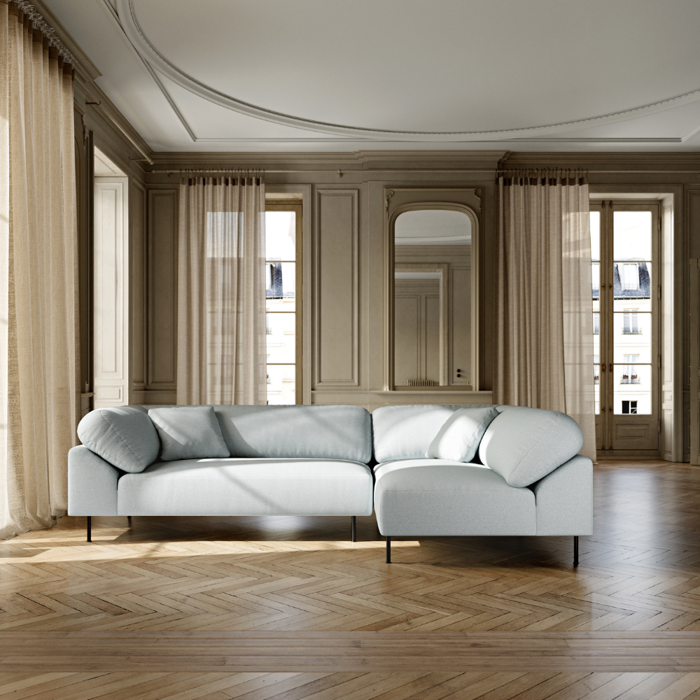 The Collar Open End Left (2x Arm Left) in Cyber Light Grey from Woud in a lounge.