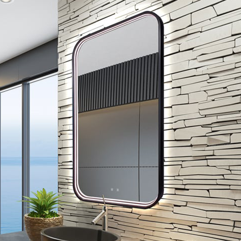 The Eminence Lighted Mirror from Electric Mirror in a lounge.