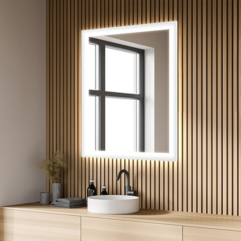 The Silhouette Lighted Mirror from Electric Mirror in a dressing area.