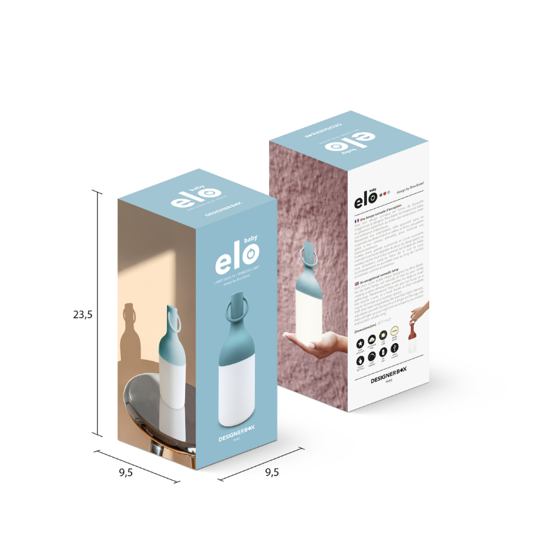 The ELO Baby Portable Table Lamp by Bina Baitel for DesignerBox blue lagoon packaging.